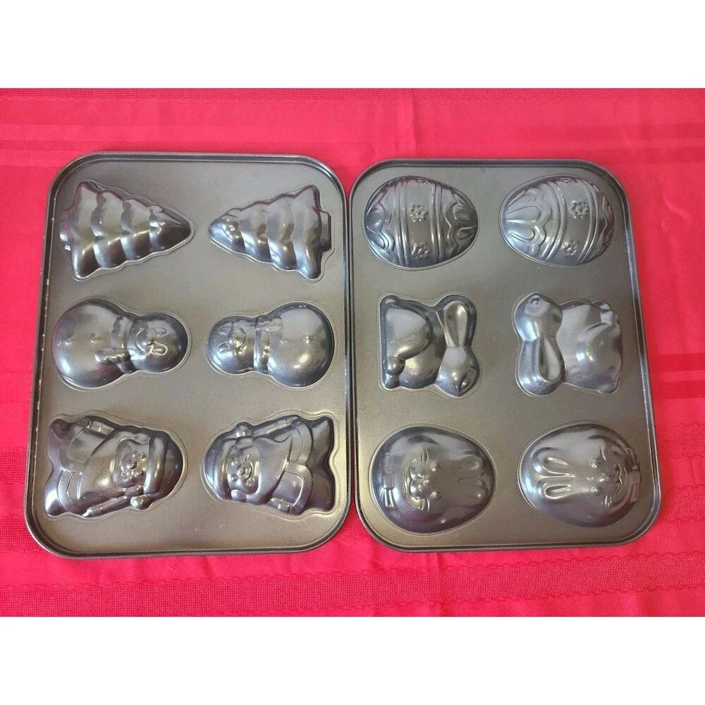 Set of 2 Holiday Mini Cake Baking Pans Christmas & Easter Nonstick 6 Cavity Mold